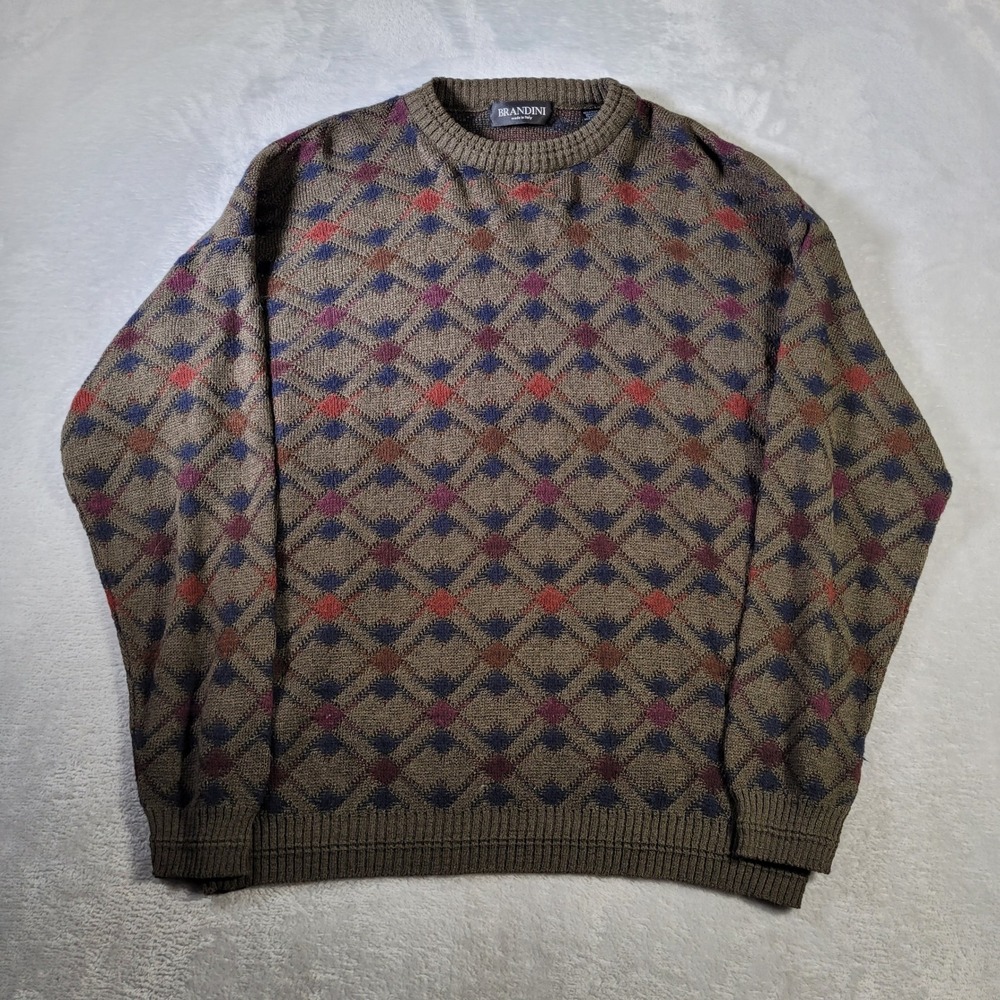 Brandini Sweater Mens XL Green Argyle Pattern Wool Blend Made in Italy Crew Neck